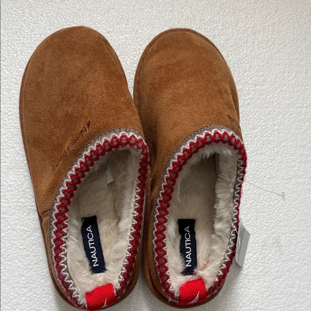 Nautica Tan Suede Slippers with Red Trim